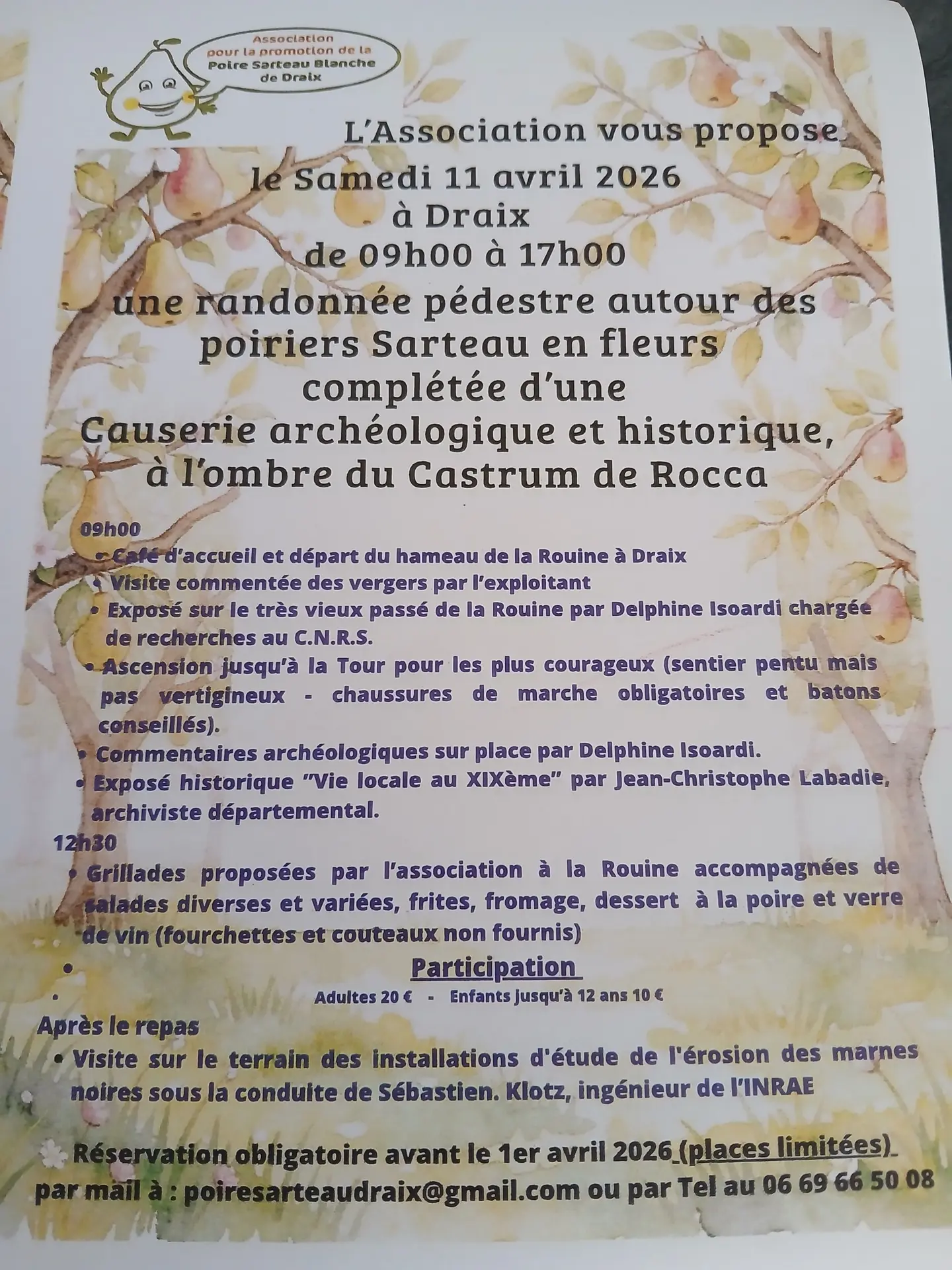 Randonnée pédestre autour des poiriers sarteau en fleurs et du patrimoine géologique de Draix