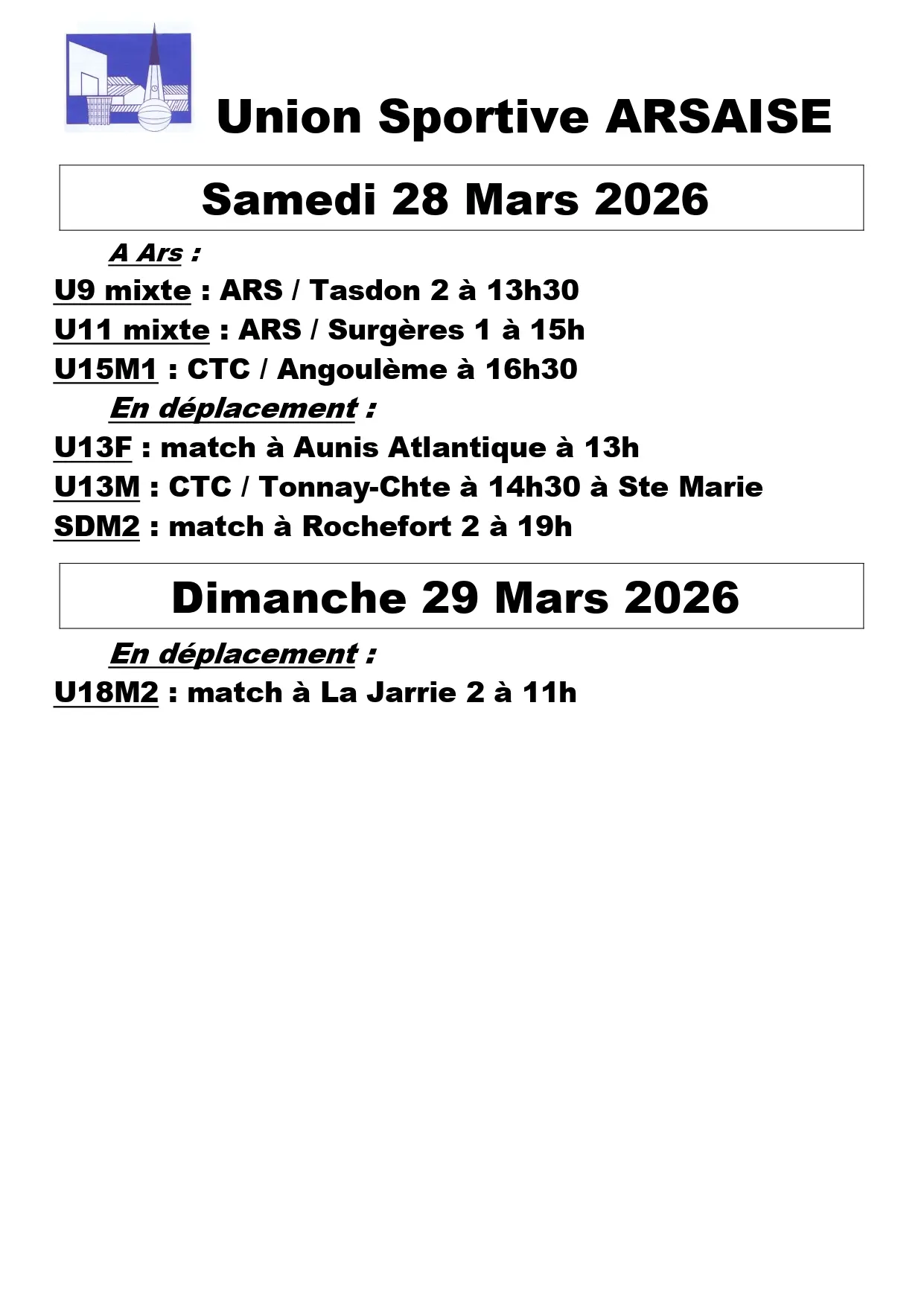 Cartel de los partidos de baloncesto del Union Sportive Arsaise