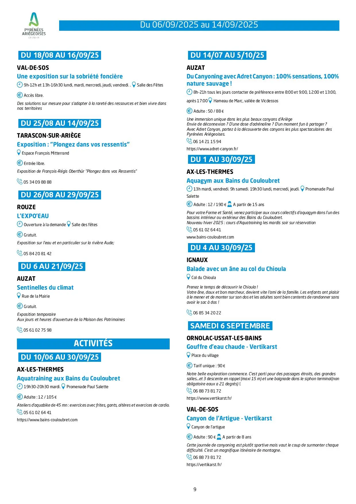 Programme Animations et activités du 06 au 14 09 25