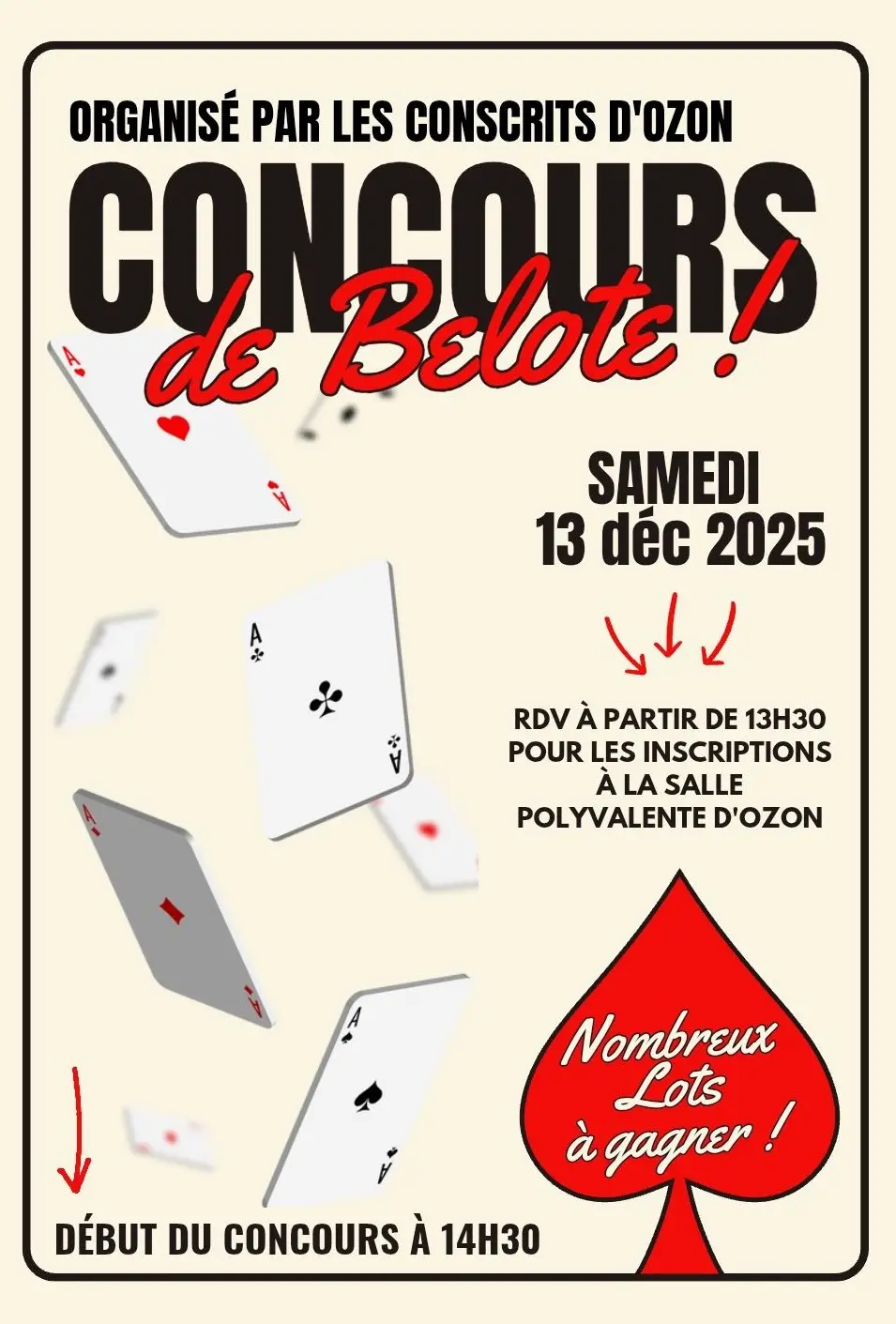 Affiche indiquant les informations sur le concours de belote