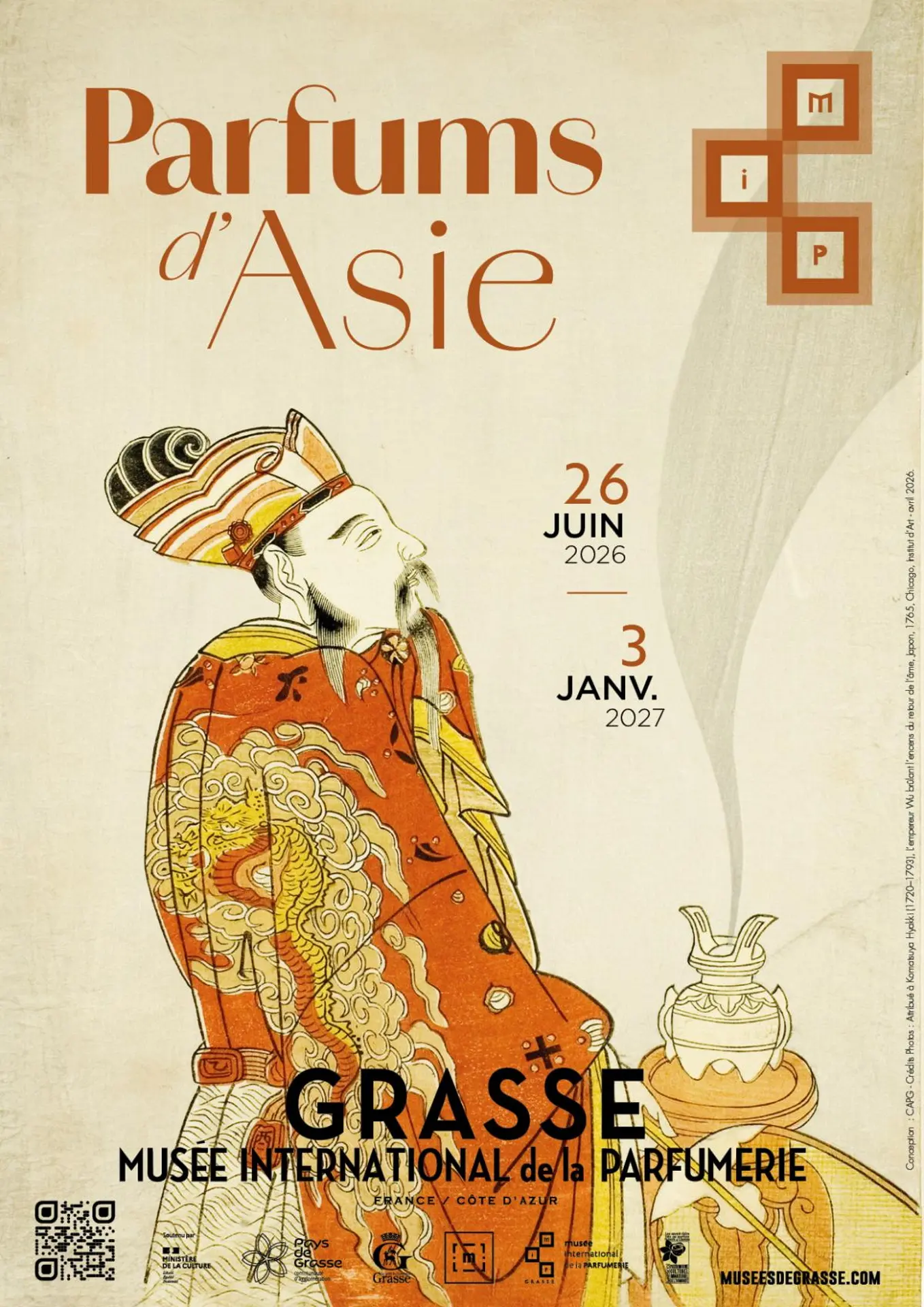 Attribué à Komatsuya Hyakki (1720–1793), L’empereur Wu brûlant l’encens du retour de l’âme, épisode du Poème de Dame Li, Japon, 1765, estampe, 27,4 × 19,5 cm, Chicago, Art Institute, inv. 1925.2143 (Domaine public - libre de droits)