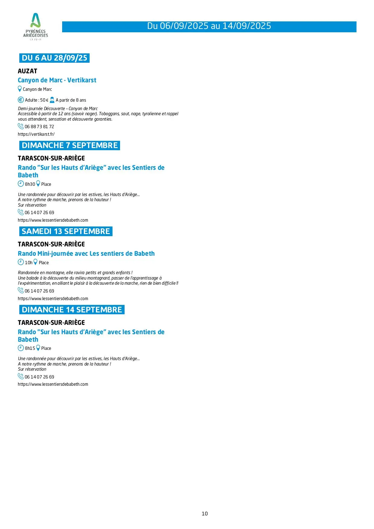 Programme Animations et activités du 06 au 14 09 25