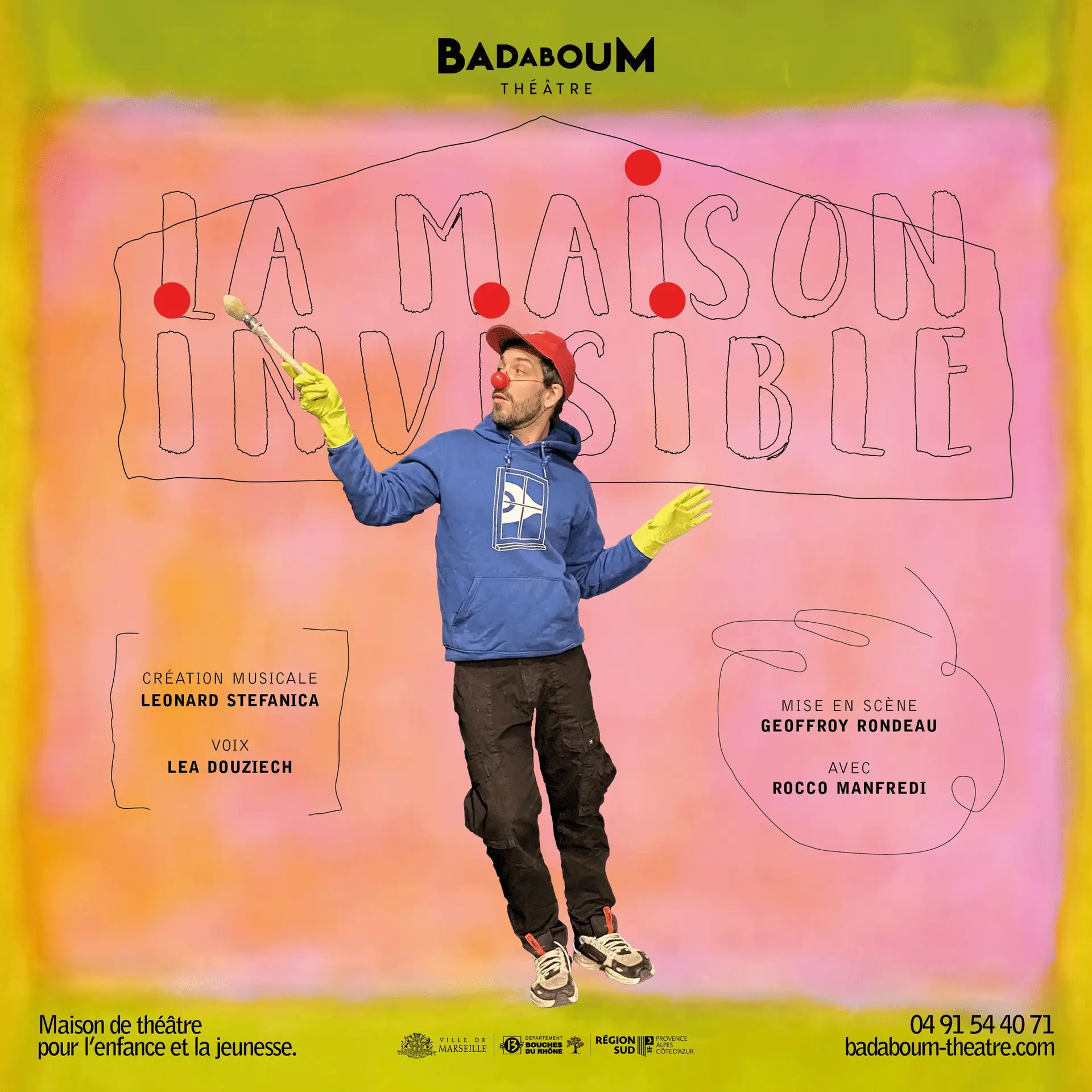 clown homme avec un nez rouge, gants jaunes et casquette rouge