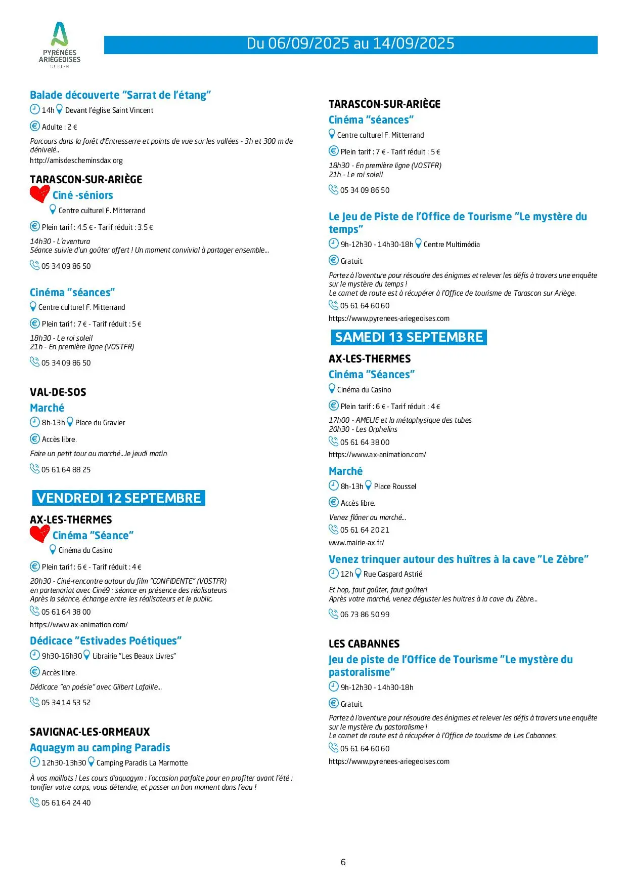 Programme Animations et activités du 06 au 14 09 25
