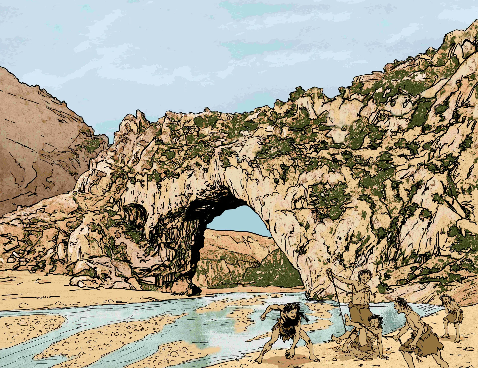 Dessin d'un groupe d'hommes préhistoriques à proximité du Pont d'Arc.