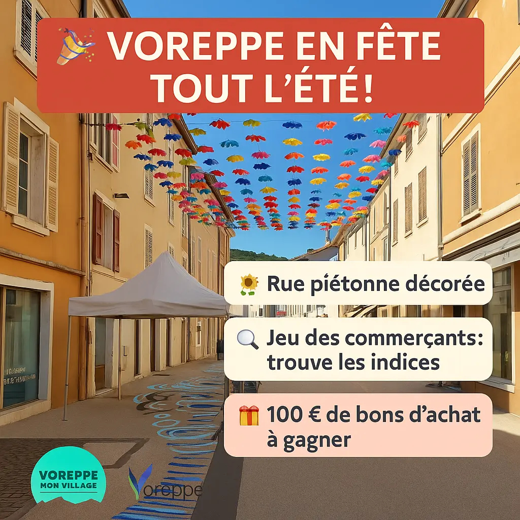 Photo de la grande rue de Voreppe, rue piétonne décorée, loupe sur jeu des commerçants: trouve les indices; 100 euros de bons d'achats à gagner