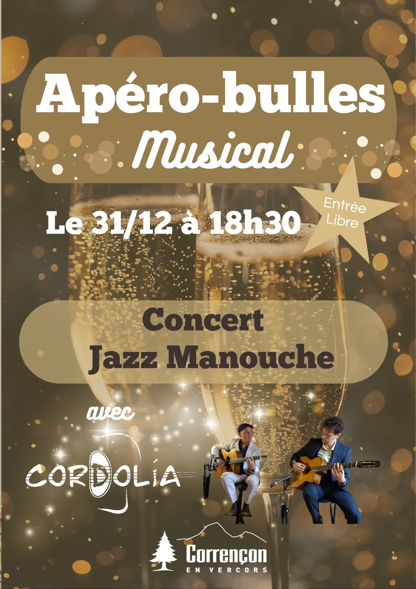 Une affiche avec deux coupes de champagne, des étoiles et les informations de l'info-bulles