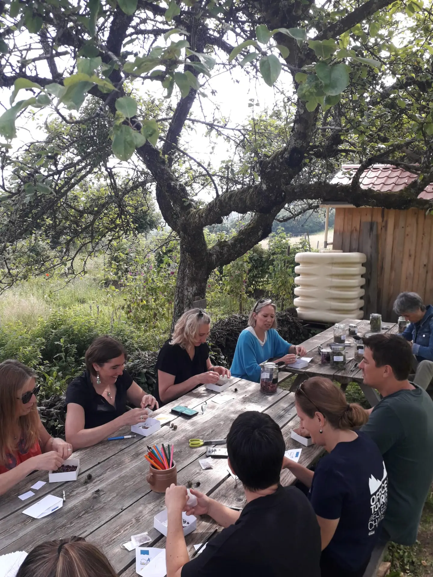 Un groupe d'hommes et de femmes fabriquent une tisane autour d'une table de pique-nique dans un jardin.