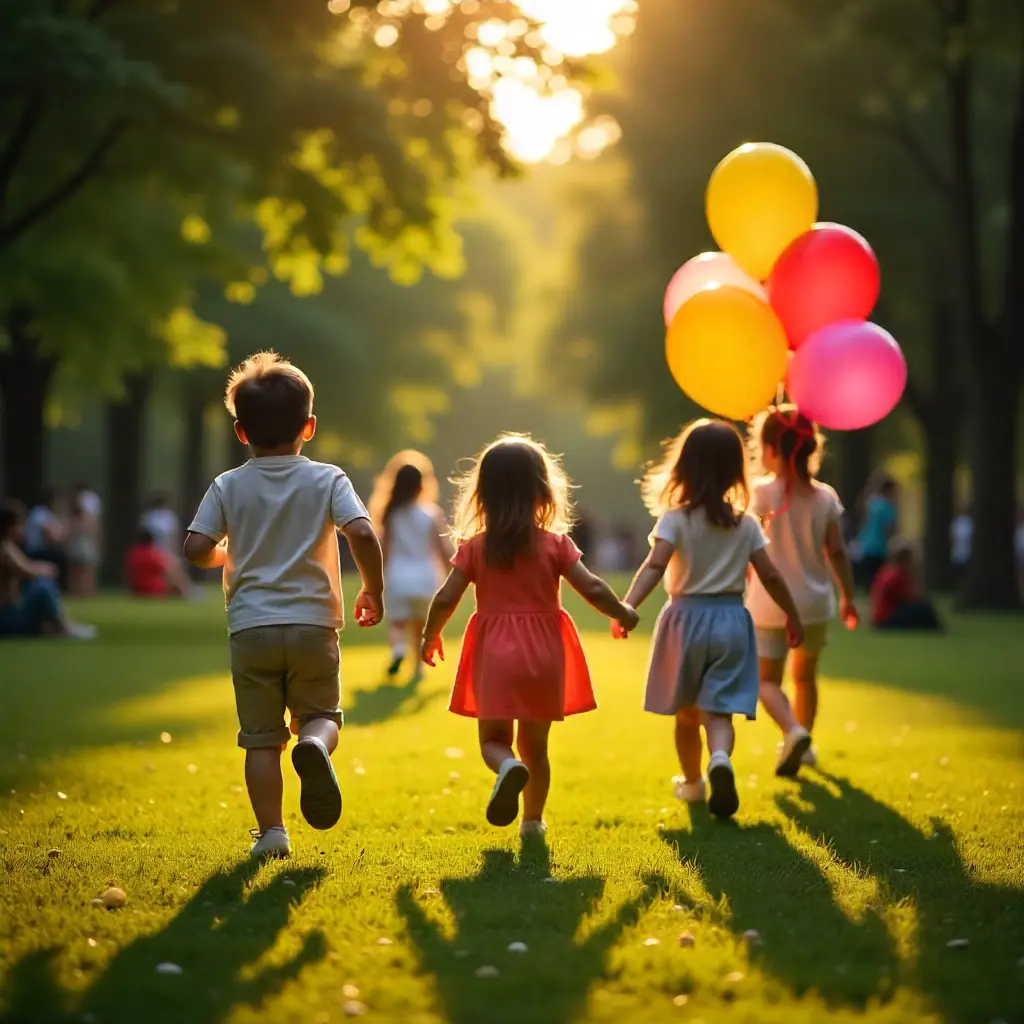 Enfant courant de dos avec des ballons dans la main dans un parc vert avec des arbres.