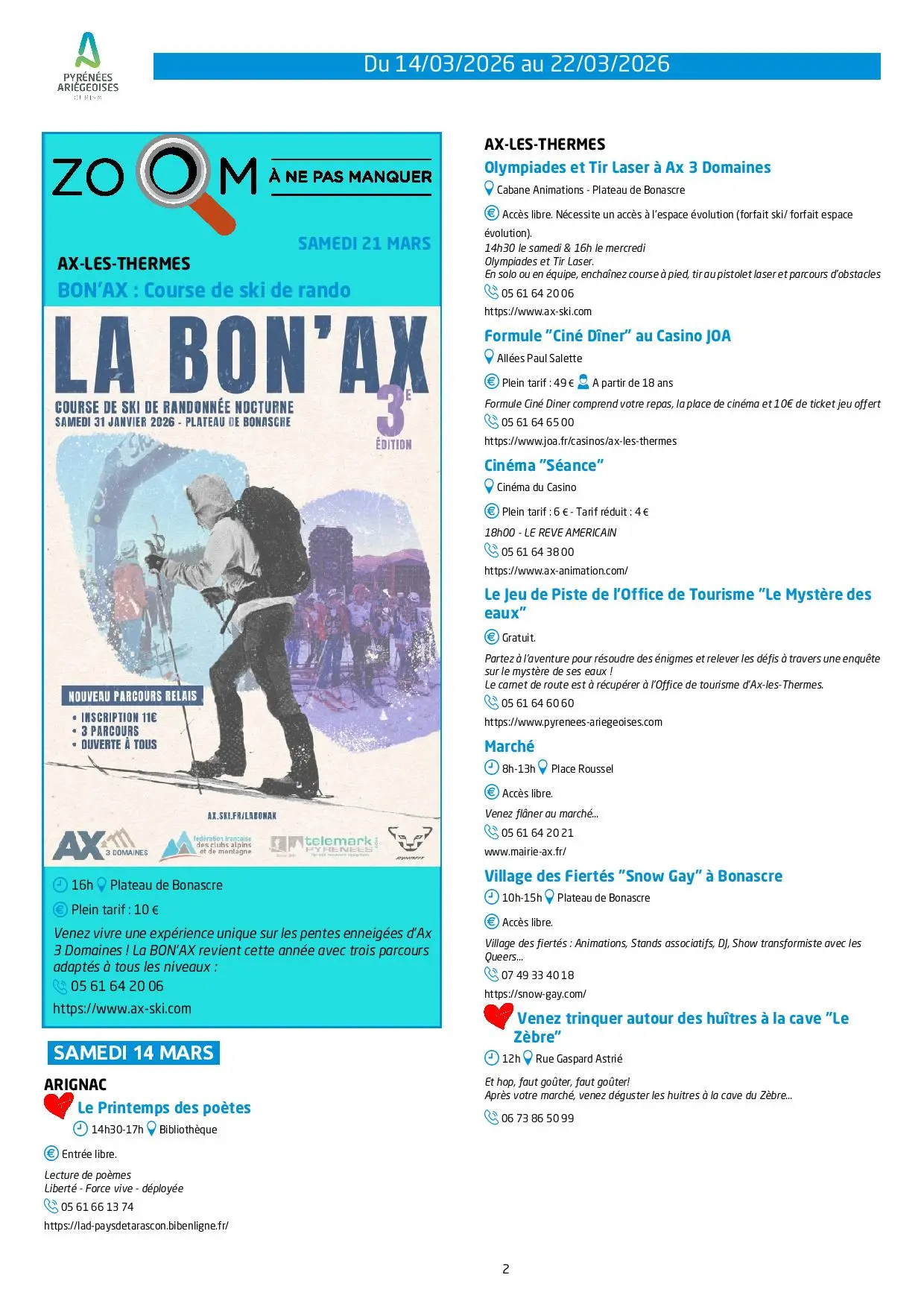 Du 14.03 au 22.03 Programme des animations et activités