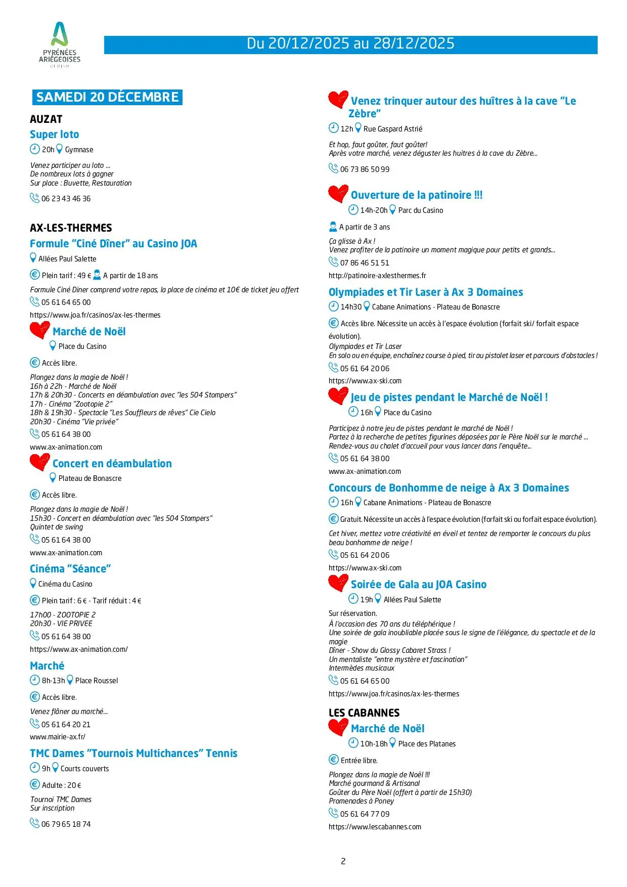Du 20 au 28.12. Programme Animations & Activités