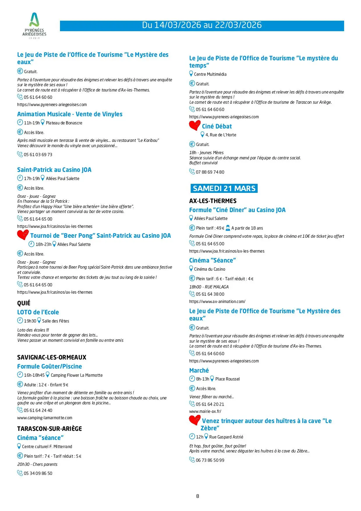 Du 14.03 au 22.03 Programme des animations et activités