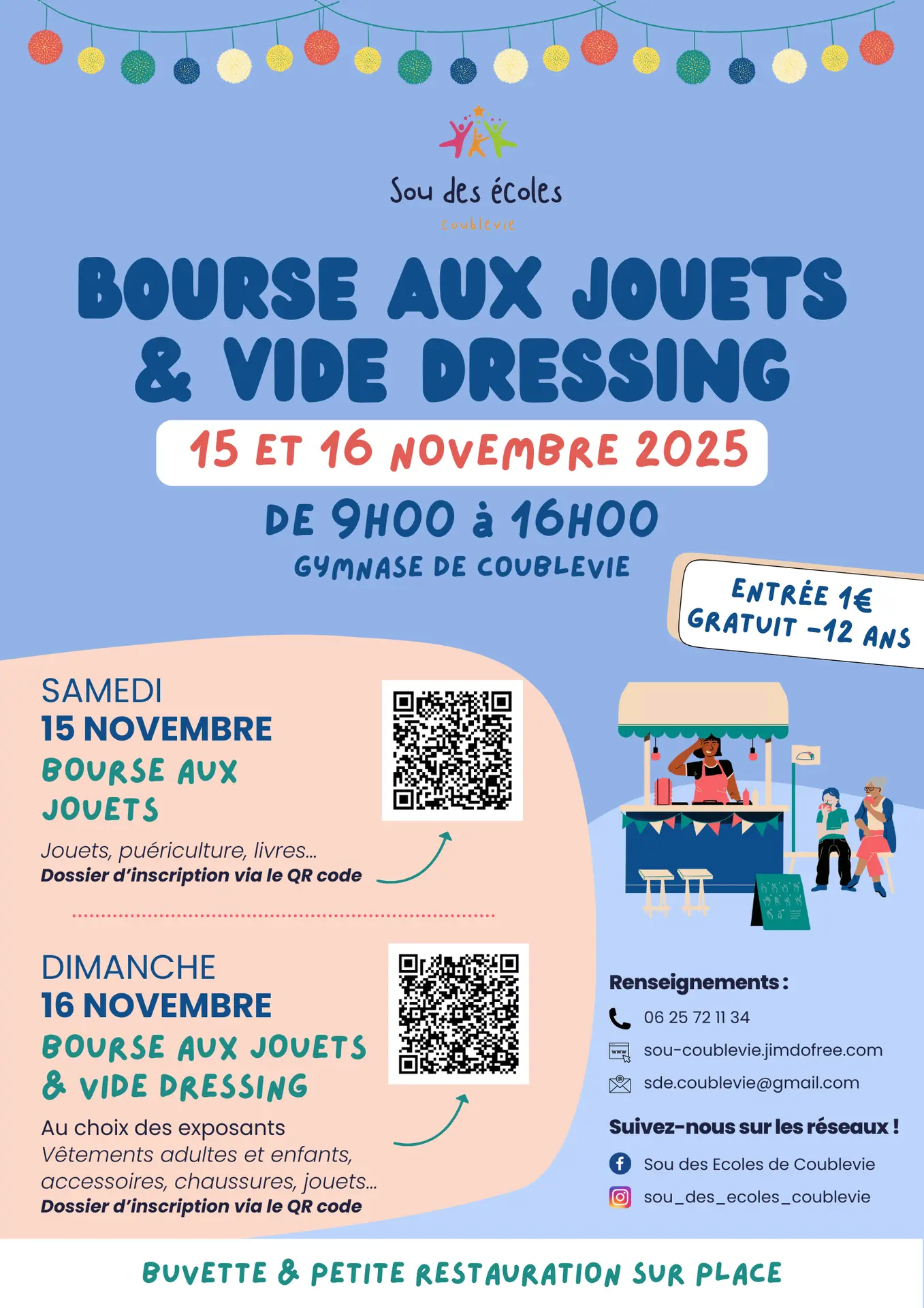 Couleurs festives et contrastées, dessin d'un stand de jouets avec des enfants à côté. QR codes pour les inscriptions des exposants et contacts du sou des écoles de Coublevie.