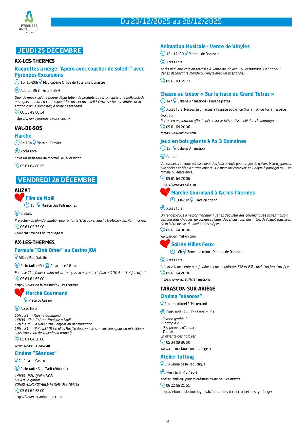 Du 20 au 28.12. Programme Animations & Activités