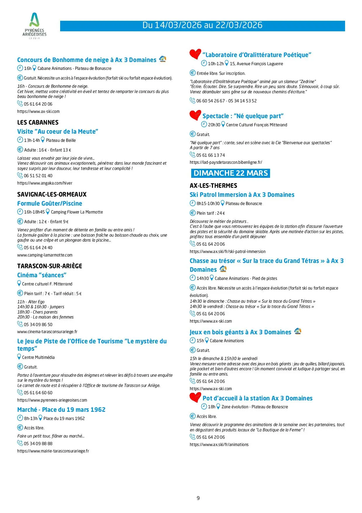 Du 14.03 au 22.03 Programme des animations et activités