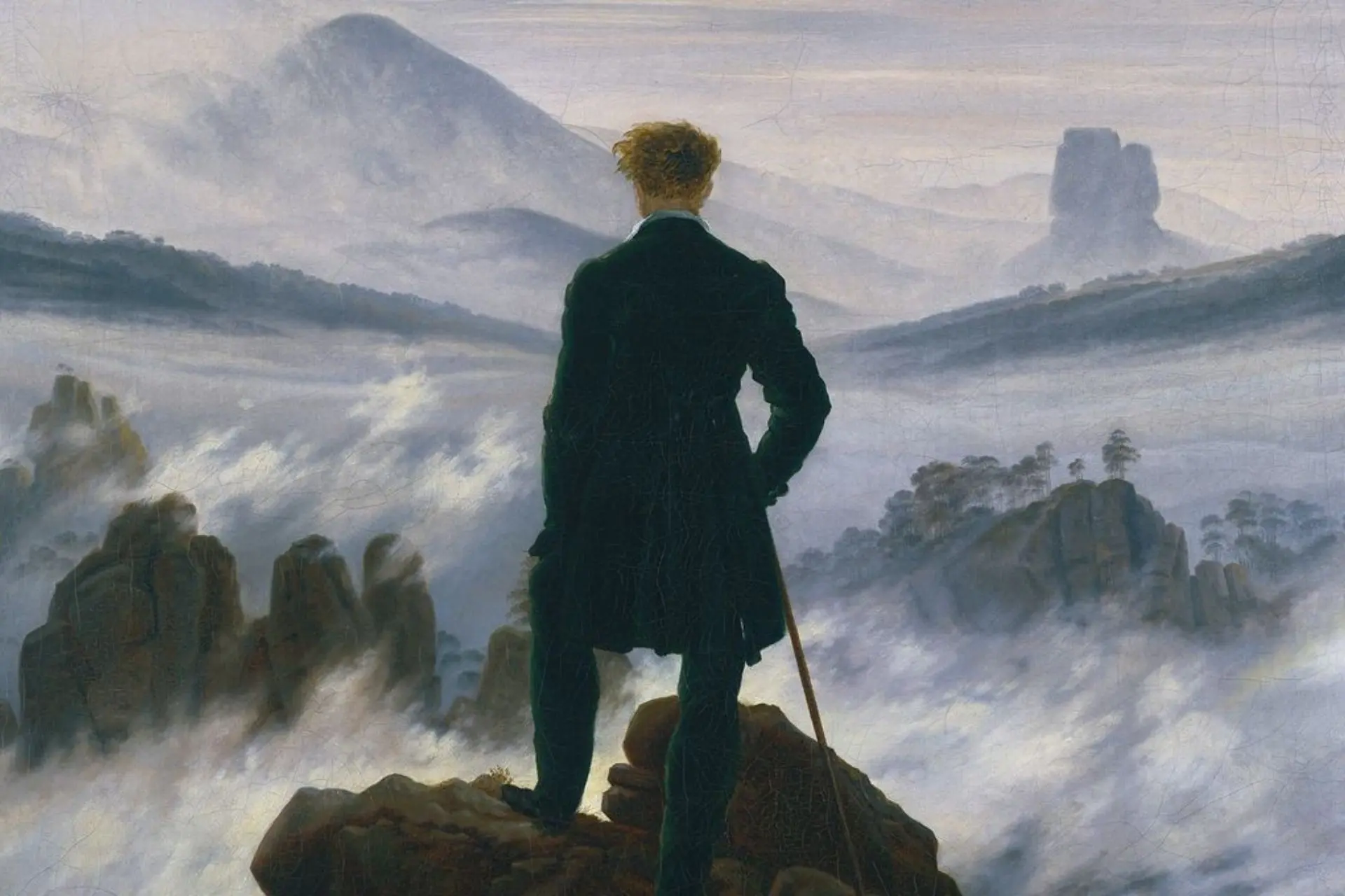 Voyageur au dessus d'une mer de nuages, peinture à l'huile de Caspar David Friedrich, 1817-1818, conservé à la Kunsthalle de Hambourg
