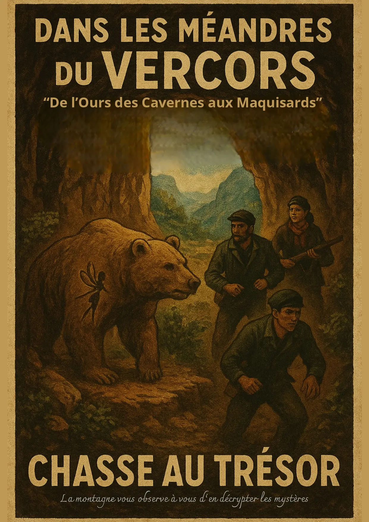 L'affiche de la chasse au Trésor montran un ours et 3 maquisards dans une caverne