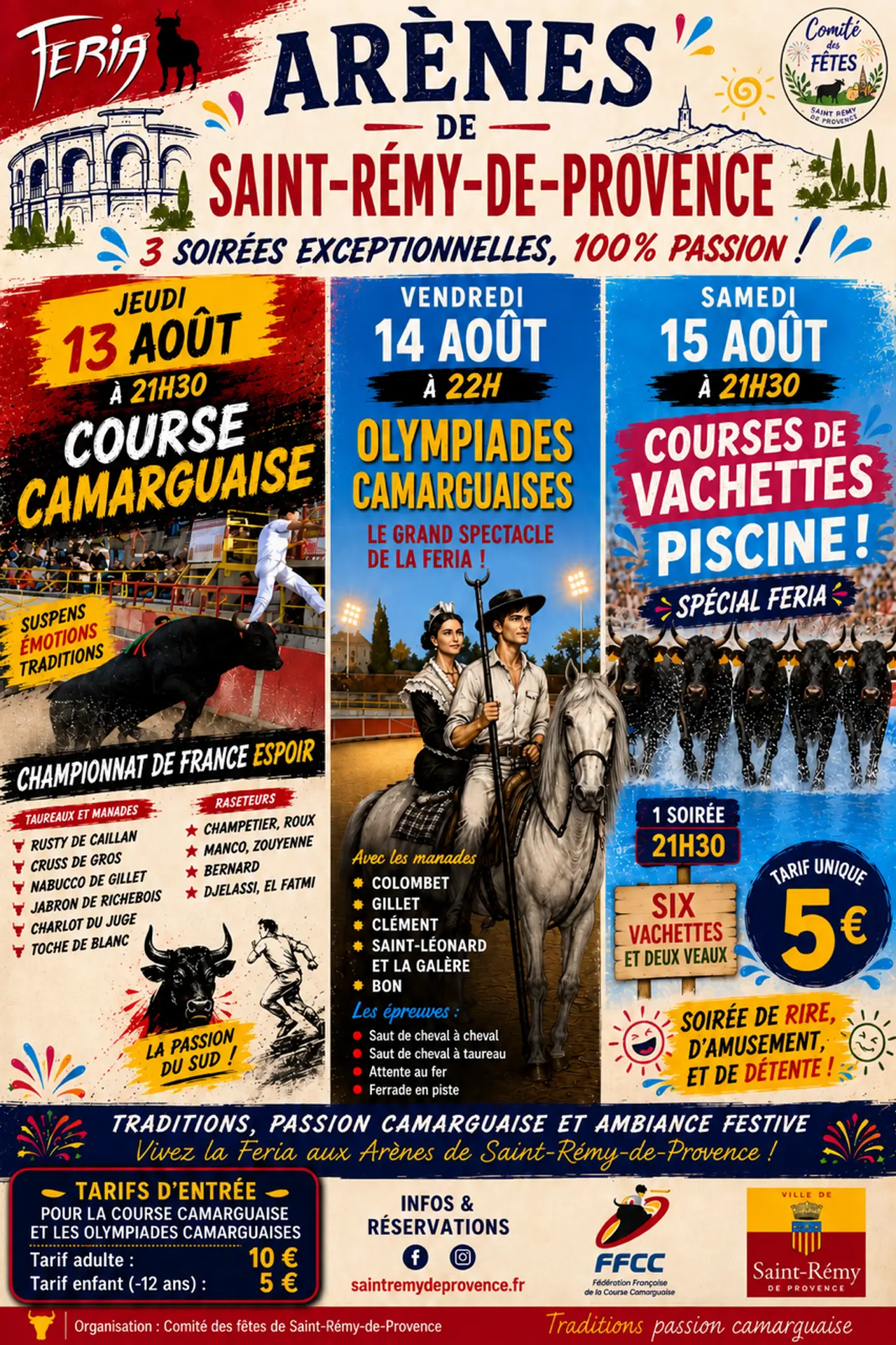 Affiche Féria 2026 Courses Camarguaises à Saint-Rémy-de-Provence 13.08 au 15.08.26