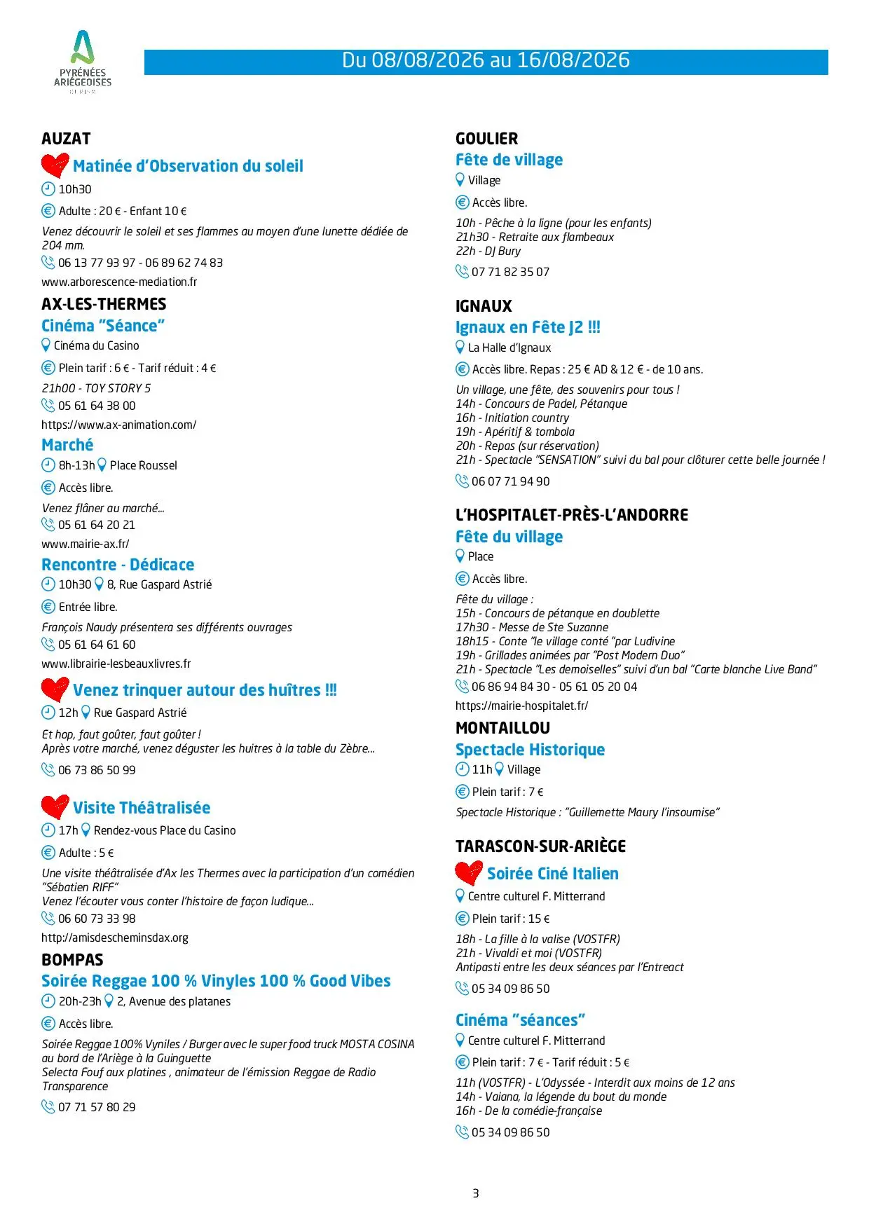 Programme des animations et des activités des Pyrénées Ariégeoises