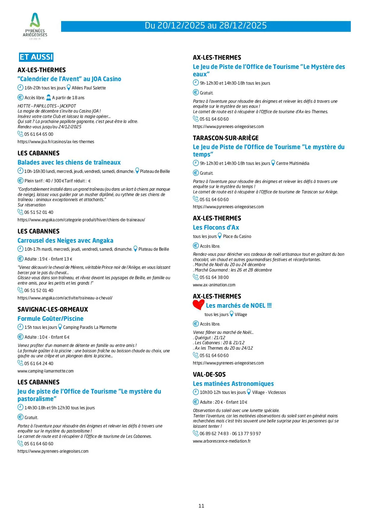 Du 20 au 28.12. Programme Animations & Activités