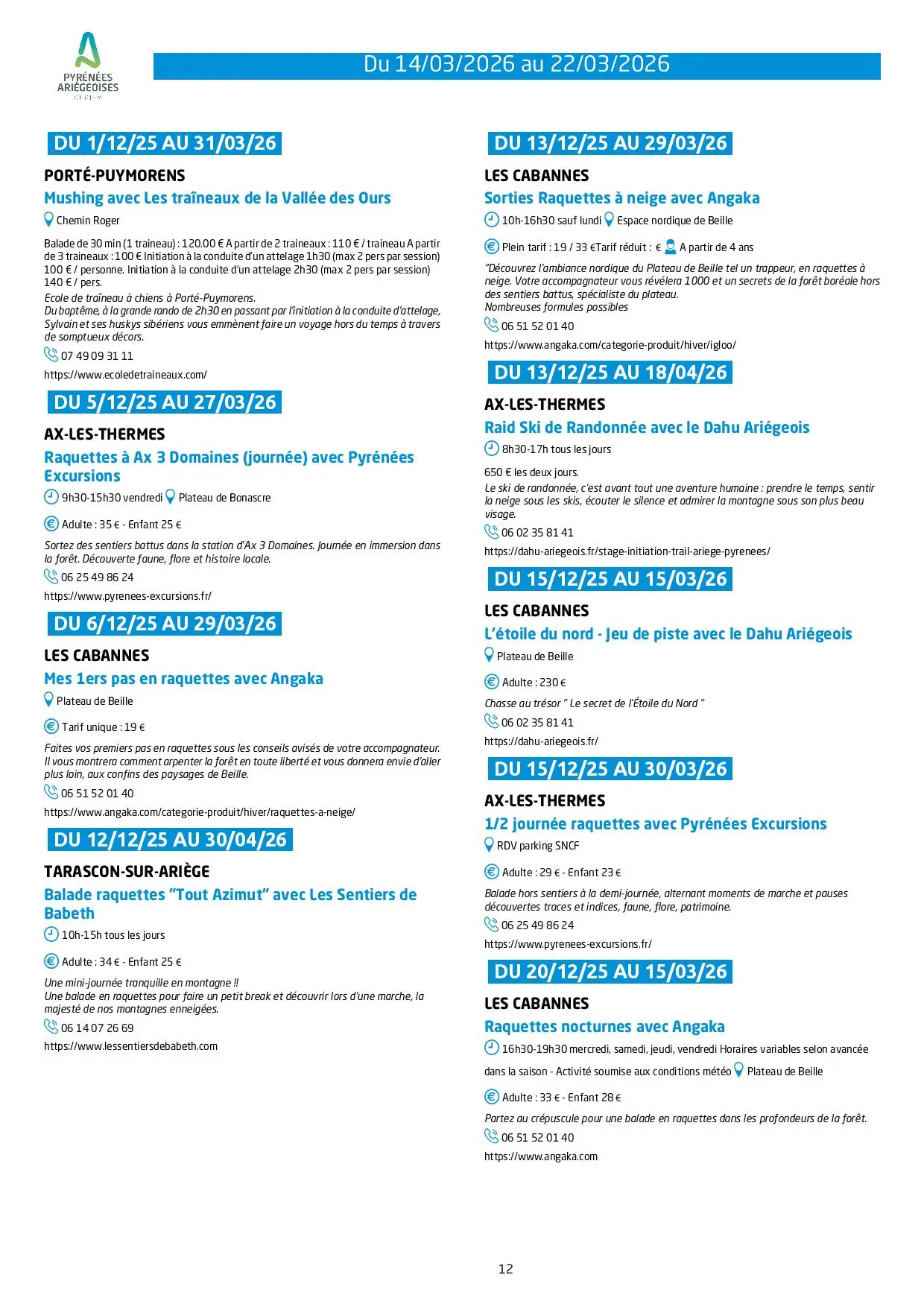 Du 14.03 au 22.03 Programme des animations et activités