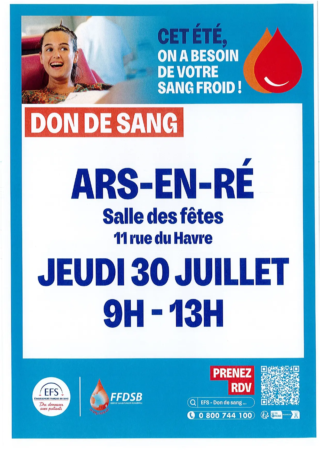 Plakat zur Blutspende in Ars-en-Ré am 30. Juli