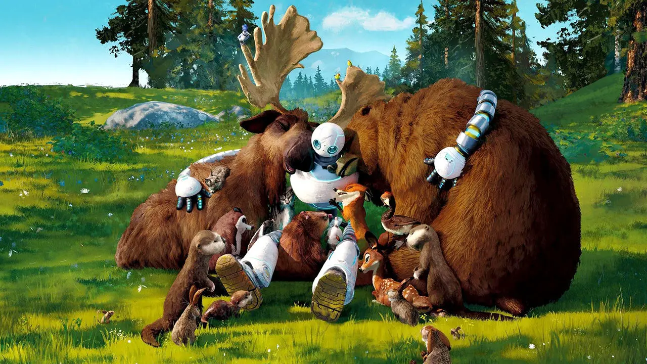 dessin du robot entouré des animaux de la foret (cerf, ours, castor..)