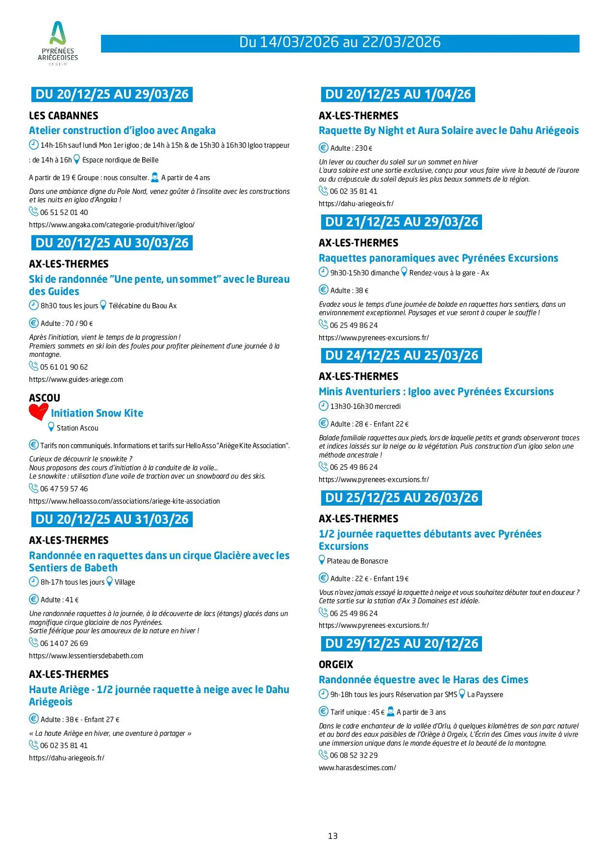 Du 14.03 au 22.03 Programme des animations et activités