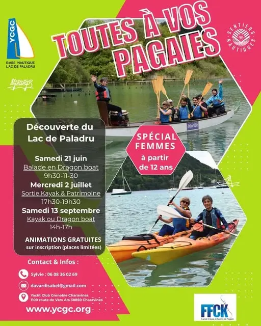 Affiche rose et verte avec des femmes en canoë et kayak