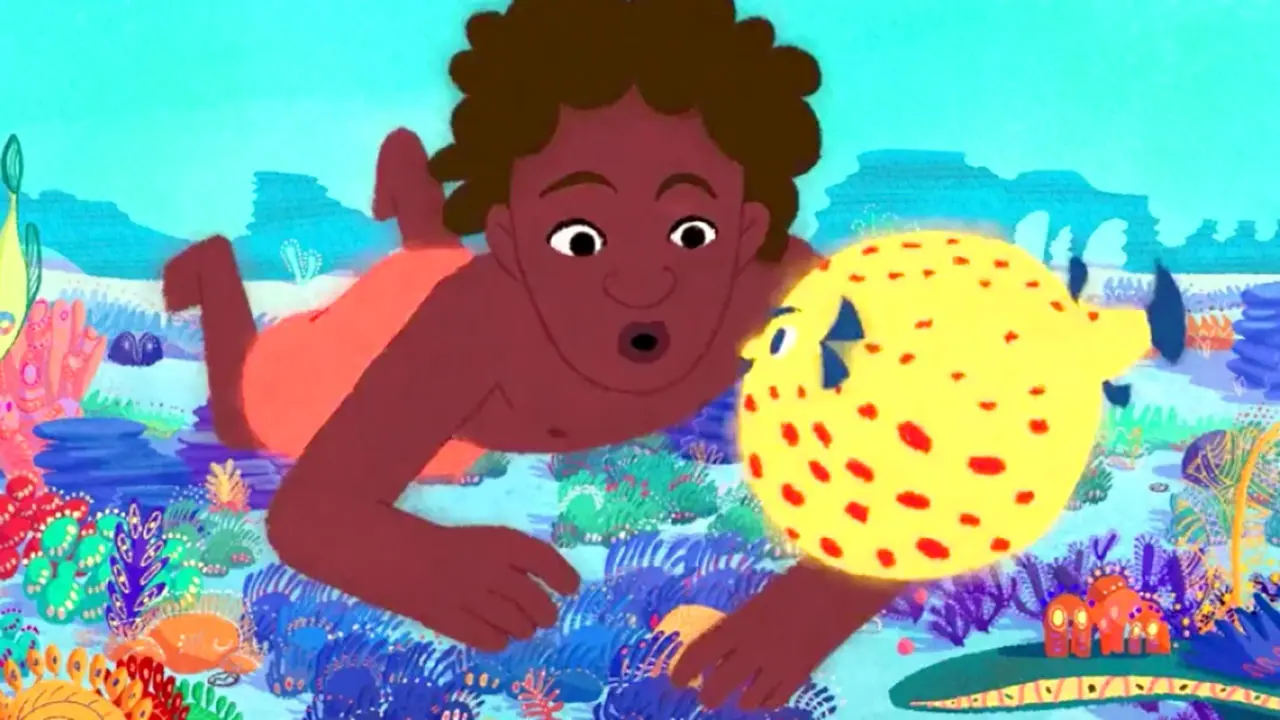 dessin animé enfant noir et poisson jaune piquant dans l'eau