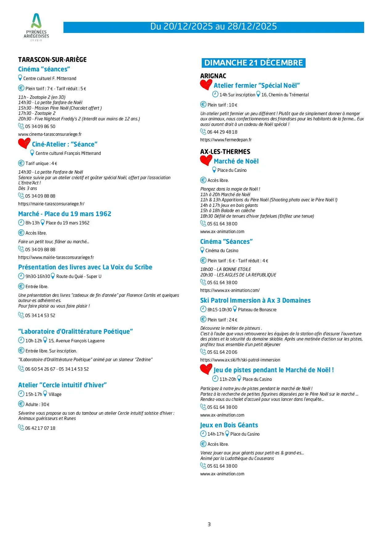 Du 20 au 28.12. Programme Animations & Activités