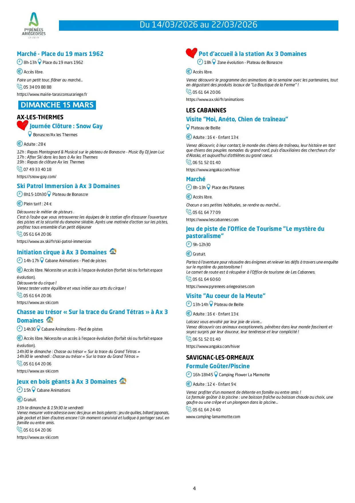 Du 14.03 au 22.03 Programme des animations et activités