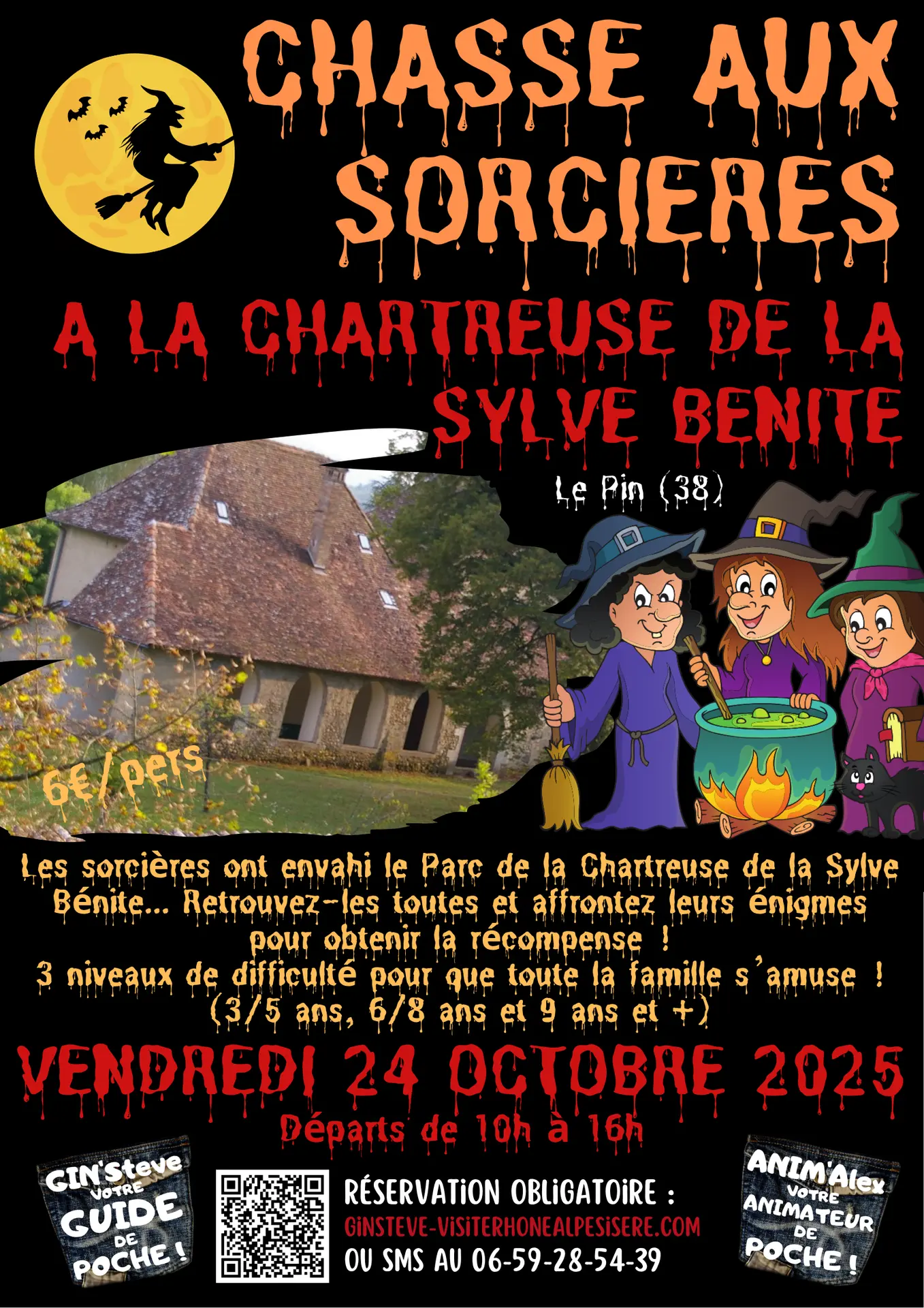 Affiche avec photo de la sylve bénite et dessin de trois sorcières en train de préparer une potion dans un chaudron et accompagnée d'un chat noir