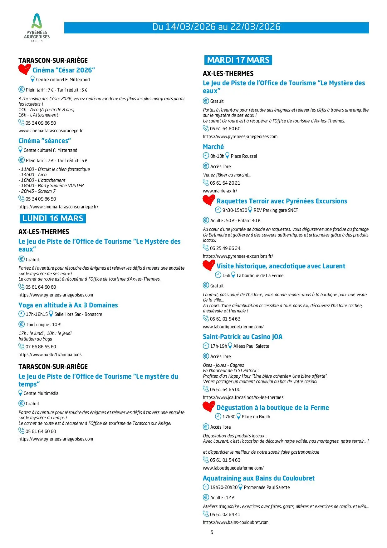 Du 14.03 au 22.03 Programme des animations et activités