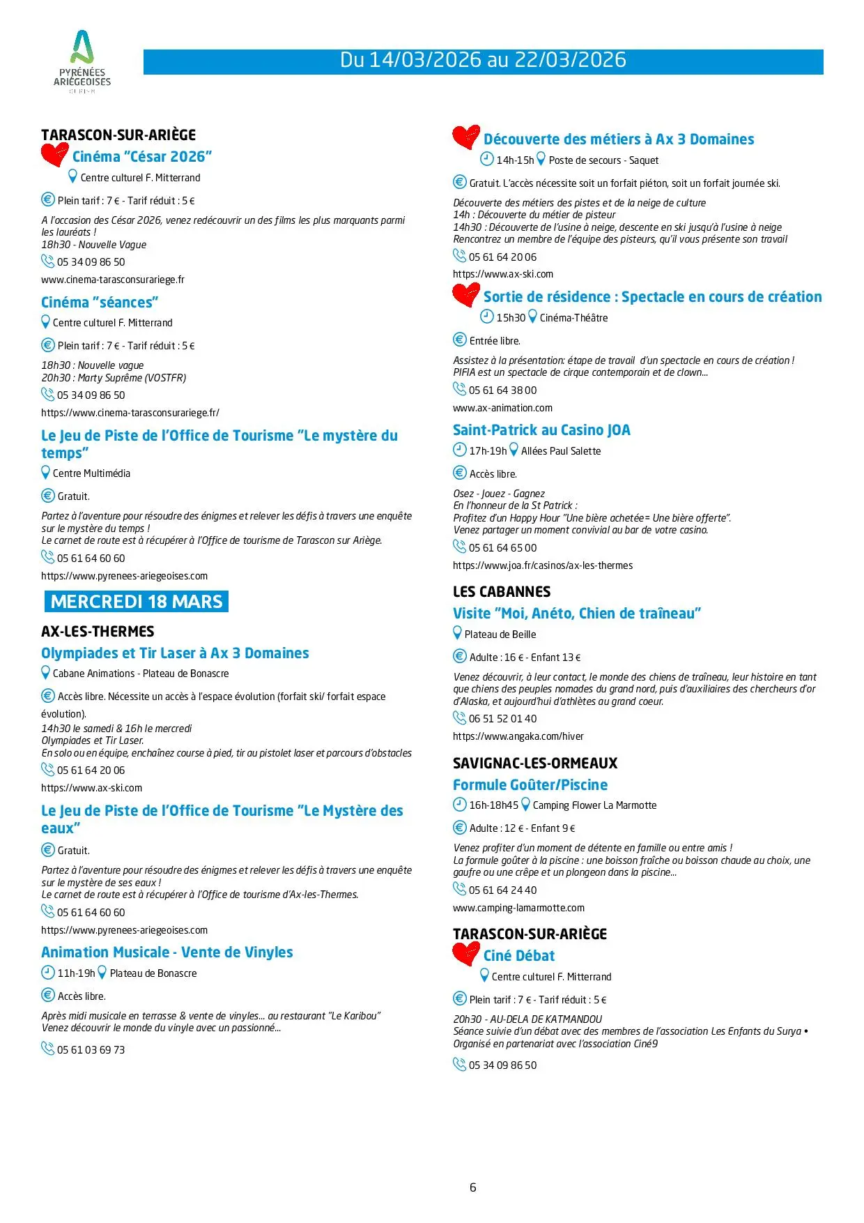 Du 14.03 au 22.03 Programme des animations et activités