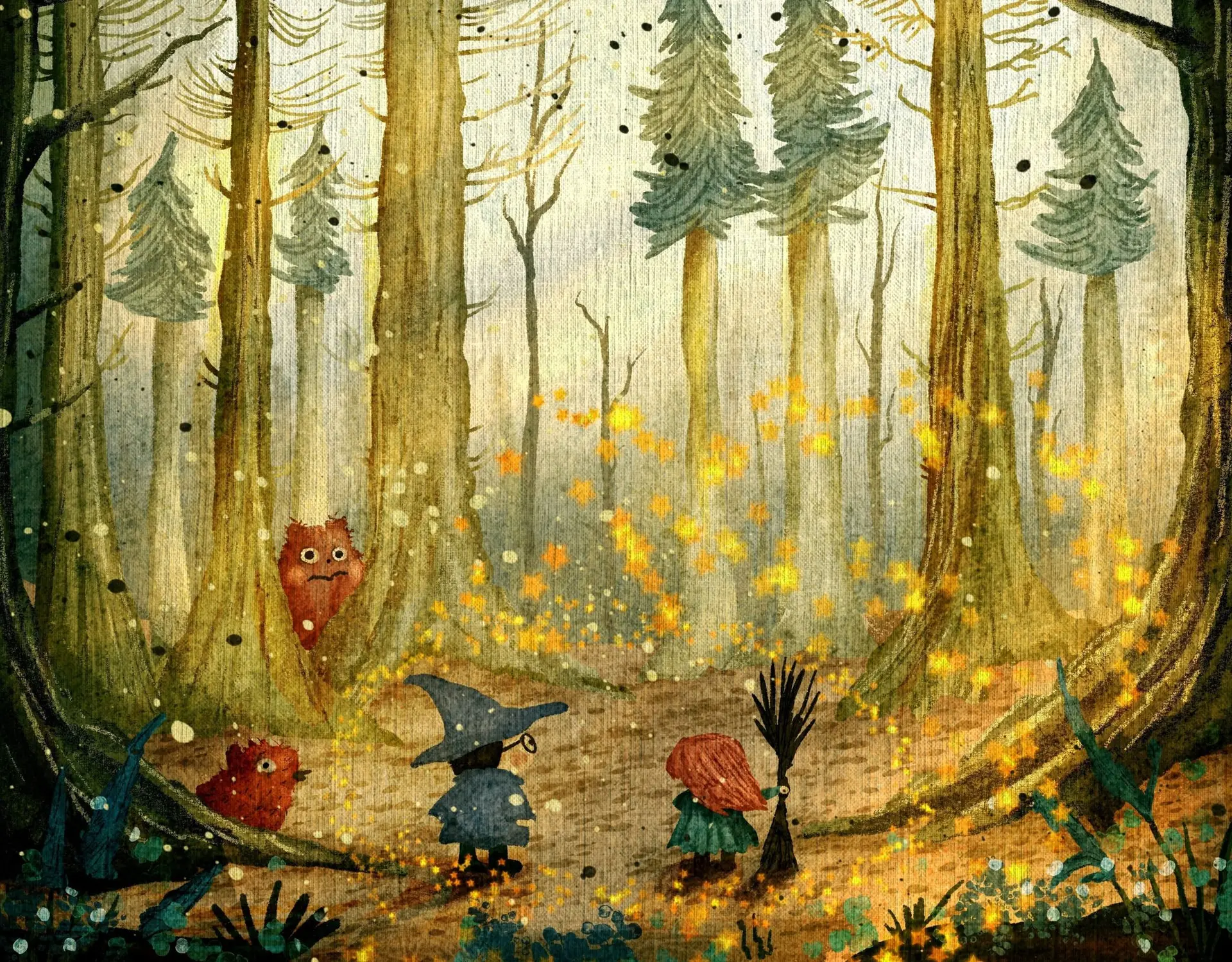 illustration sorcières et monstres mignons dans la forêt
