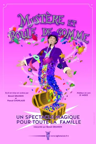 dessin sur fond rose d'un magicien et un coffre à trésor avec des objets colorés
