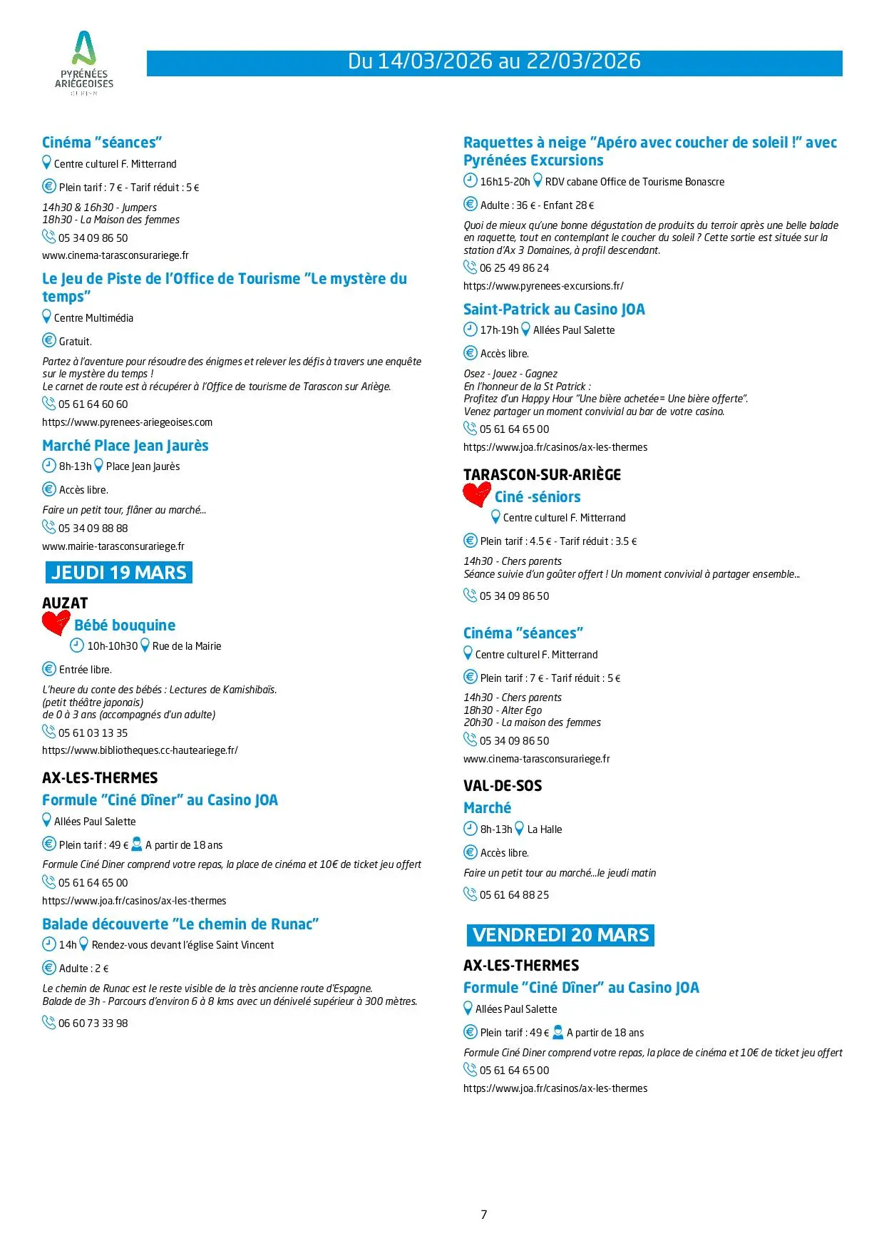 Du 14.03 au 22.03 Programme des animations et activités