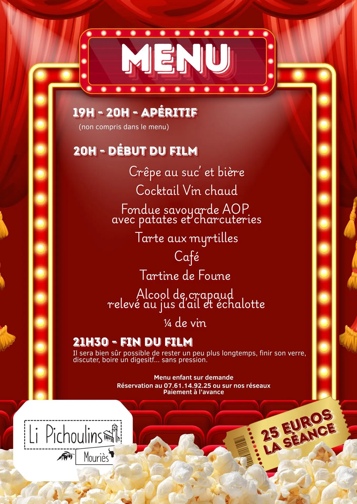 Poster Menu Dinner and film night: Les Bronzés Font du Ski in Mouriès 27.02.26