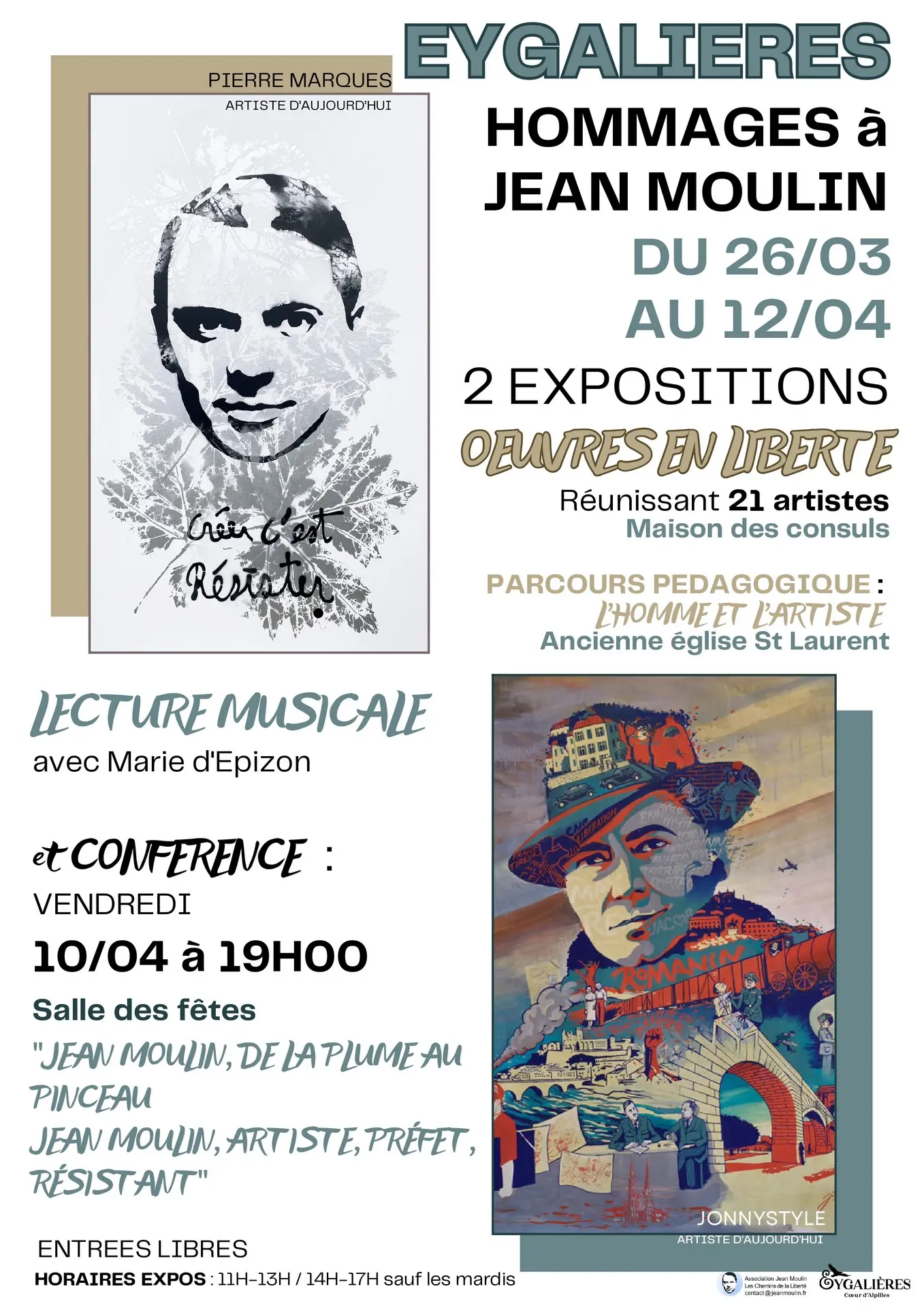Affiche Hommages à Jean Moulin à Eygalières 26.03 au 12.04.26