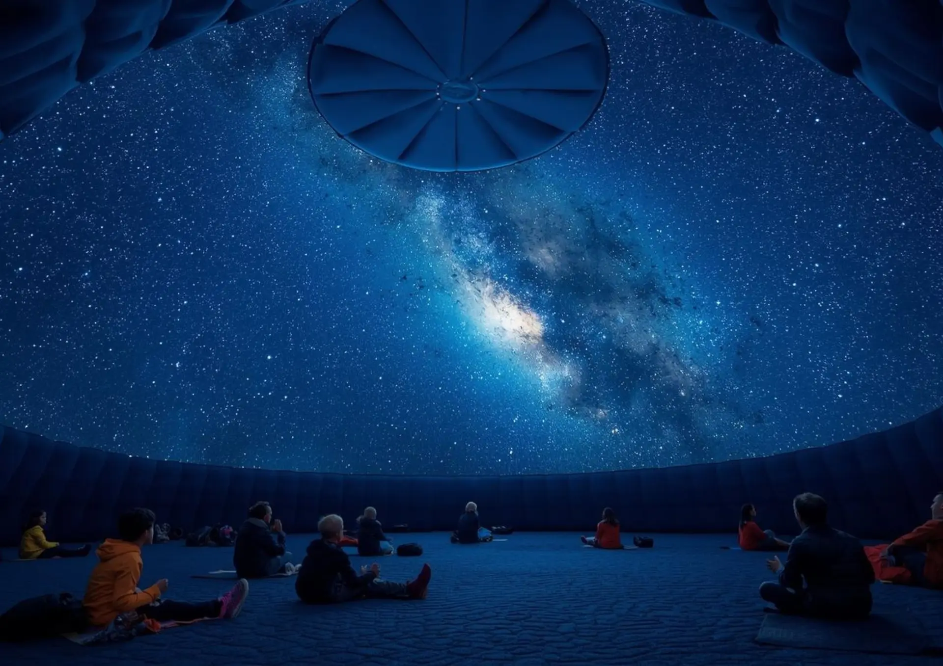 Séance de planétarium sous un dôme gonflable.