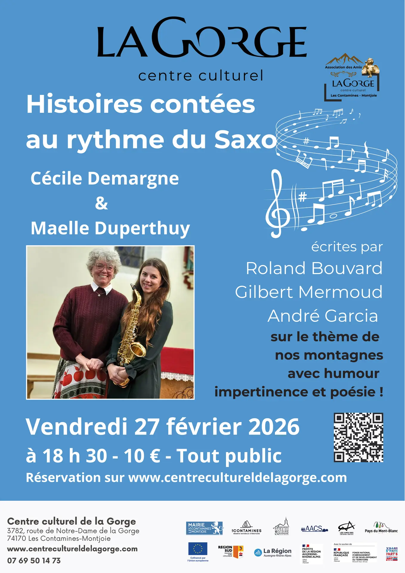 Histoires contées au rythme du saxo avec Maëlle Duperthuy et Cécile Demargne au Centre Culturel de la Gorge_Les Contamines-Montjoie