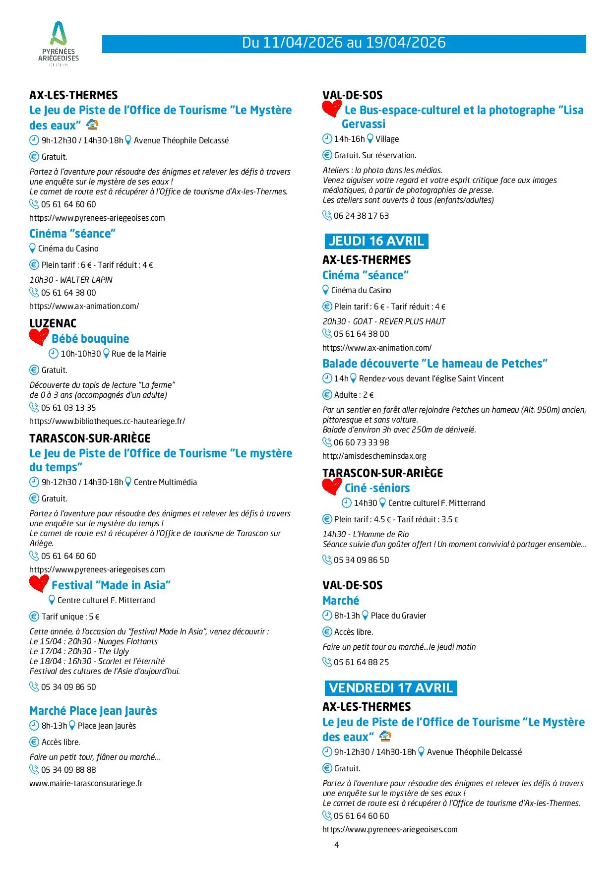 Du 11 au 19.04.Programme Animations & Activités