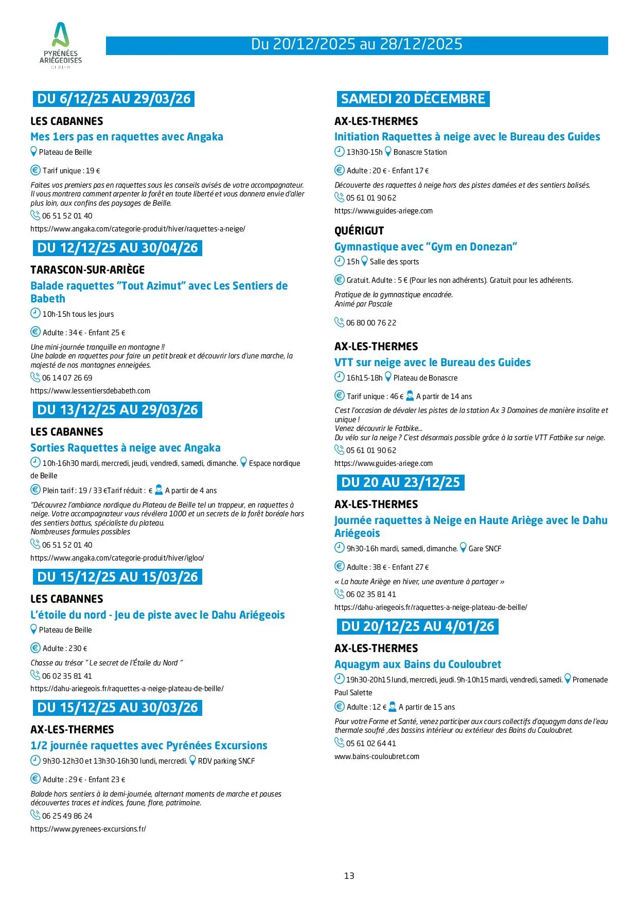 Du 20 au 28.12. Programme Animations & Activités