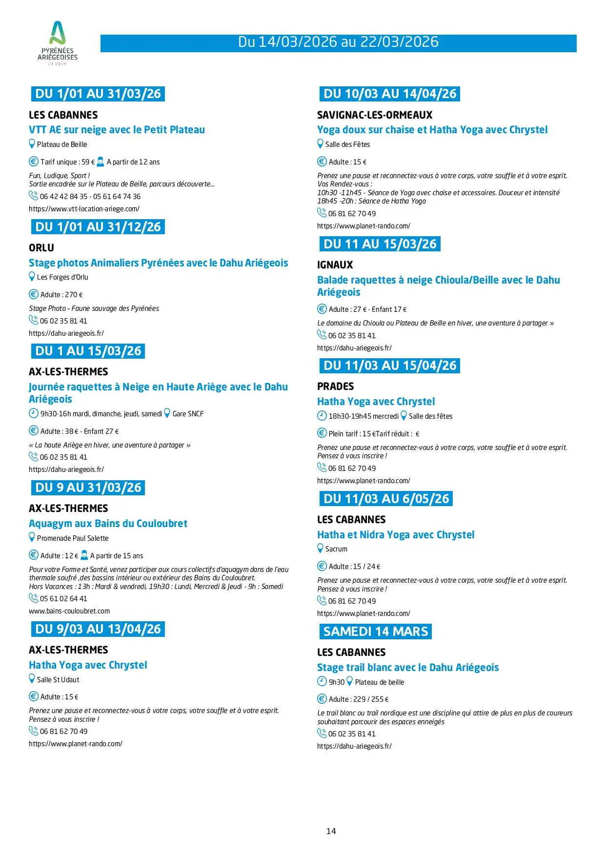 Du 14.03 au 22.03 Programme des animations et activités