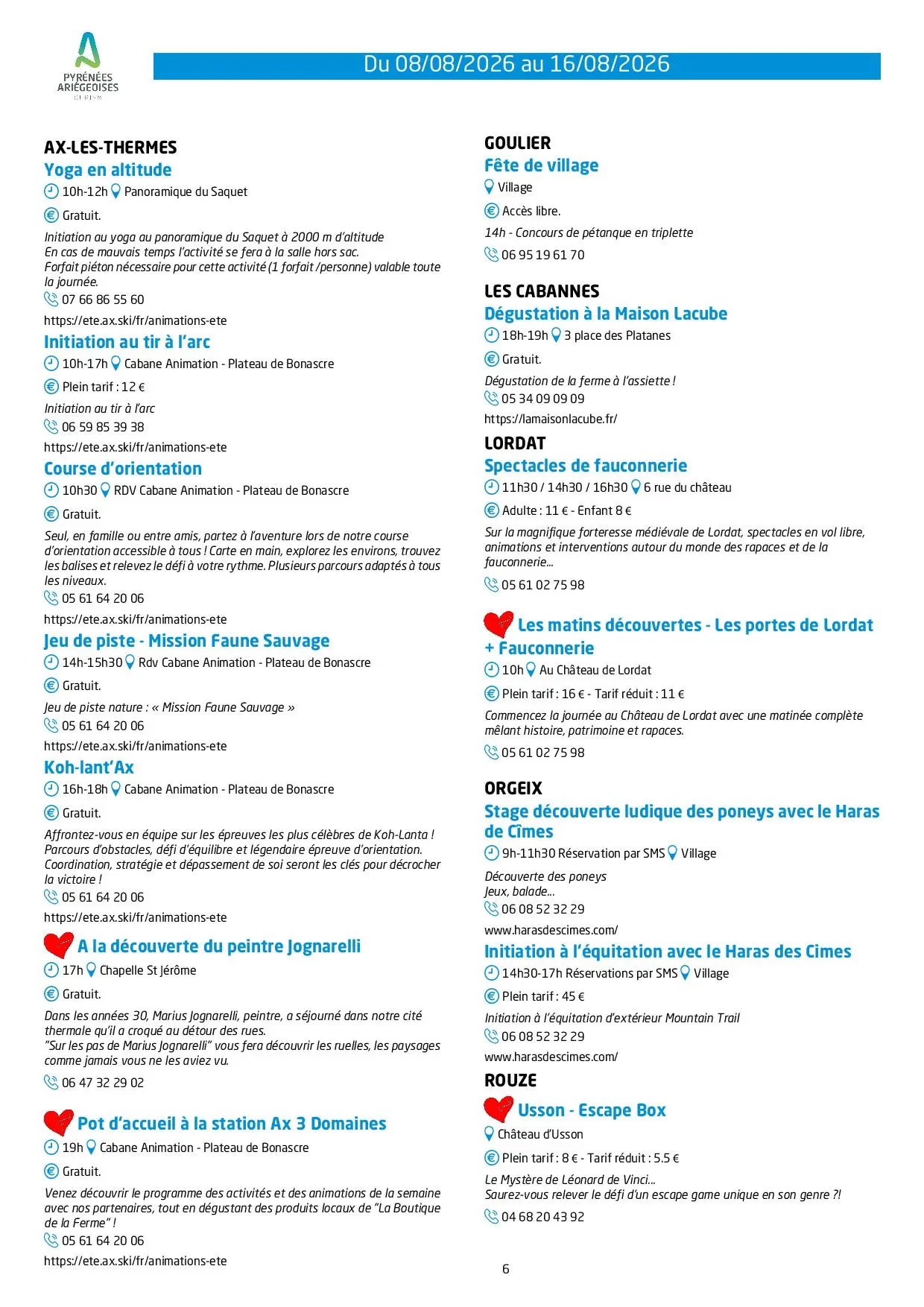 Programme des animations et des activités des Pyrénées Ariégeoises