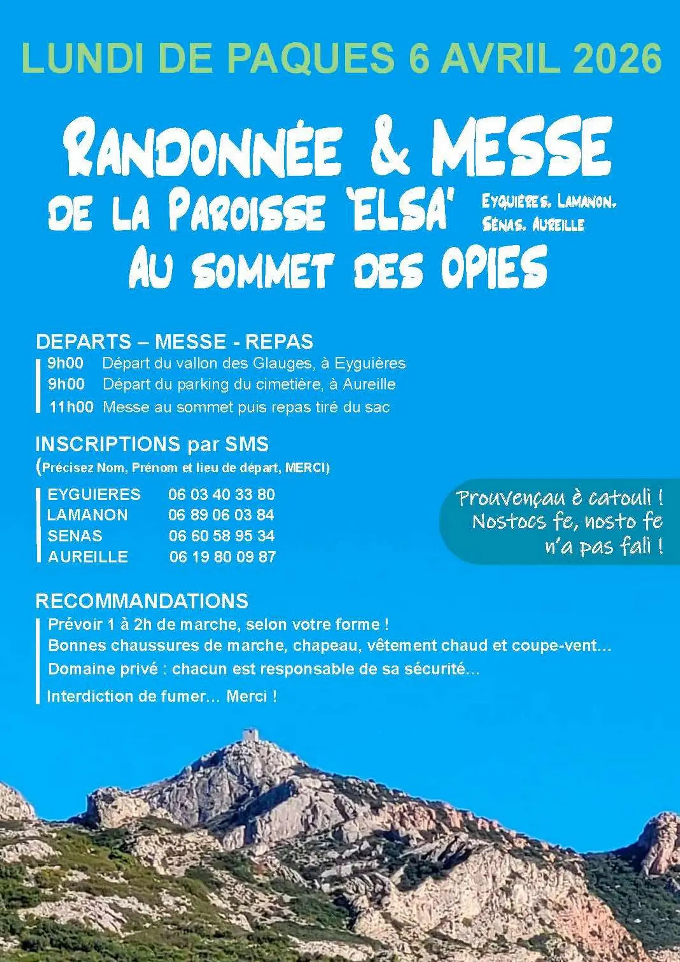 Affiche Randonnée & messe de la paroisse ELSA au sommet des Opies à Aureille 06.04.26