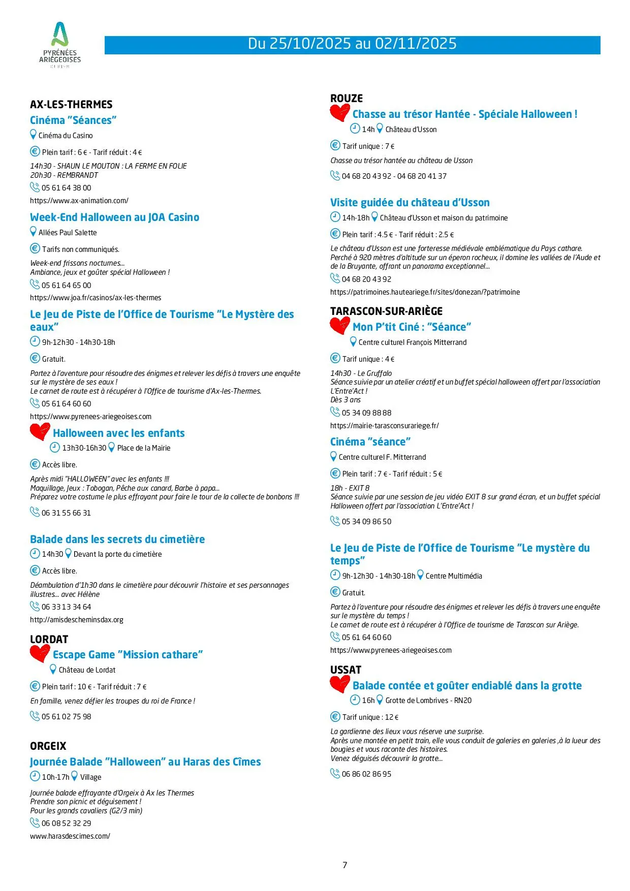 Du 25.10 au 02.11. Programme Animations & Activités