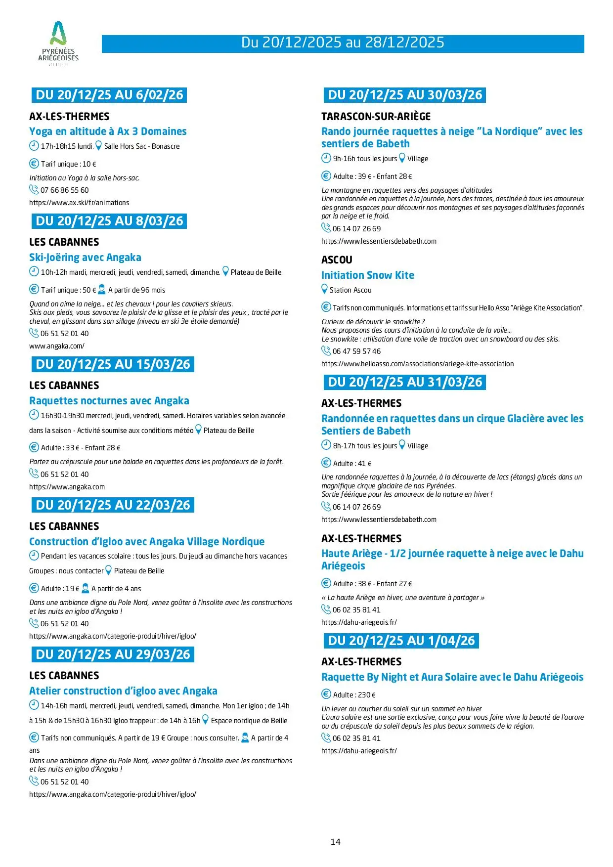 Du 20 au 28.12. Programme Animations & Activités