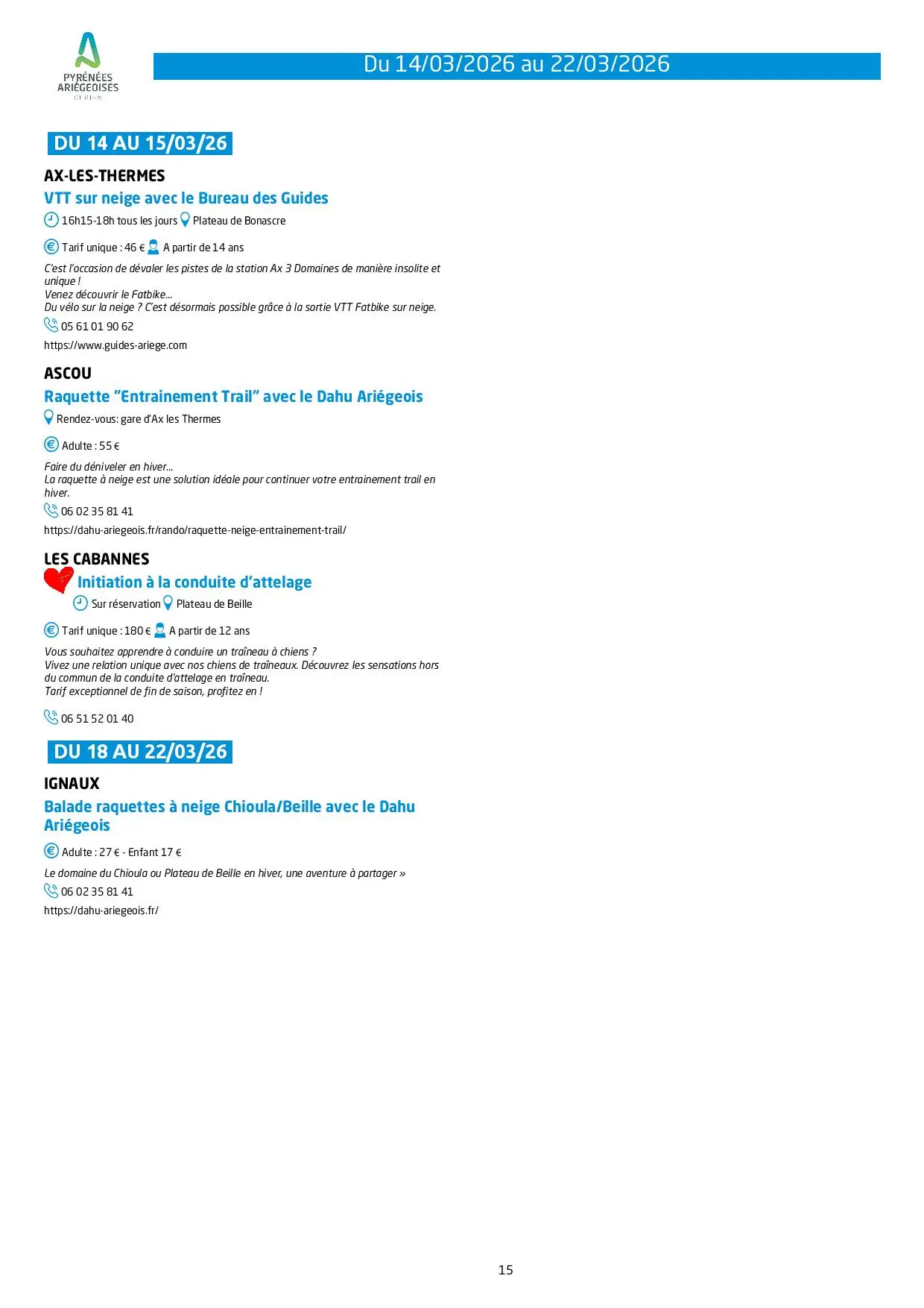 Du 14.03 au 22.03 Programme des animations et activités